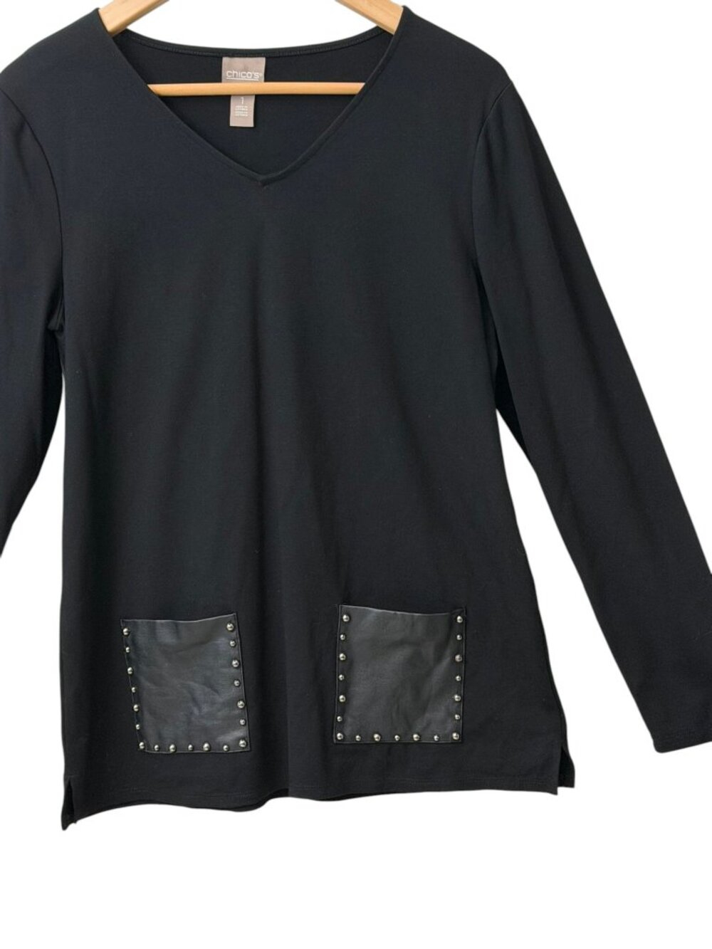 Chico's V-Neck Faux Leather Studd Patch Pocket Ponte Knit Top Black Biker Sz 1